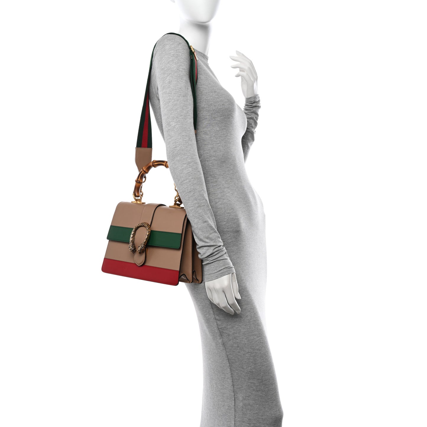 Calfskin Bamboo Web Medium Dionysus Top Handle Bag Camelia Bright Evergreen Hibiscus Red