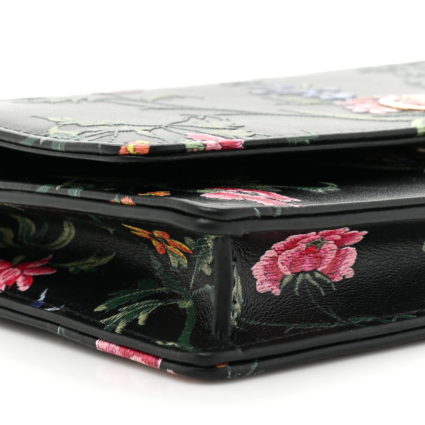 Calfskin Petites Fleurs Print Caro Pouch With Chain Black Multicolor