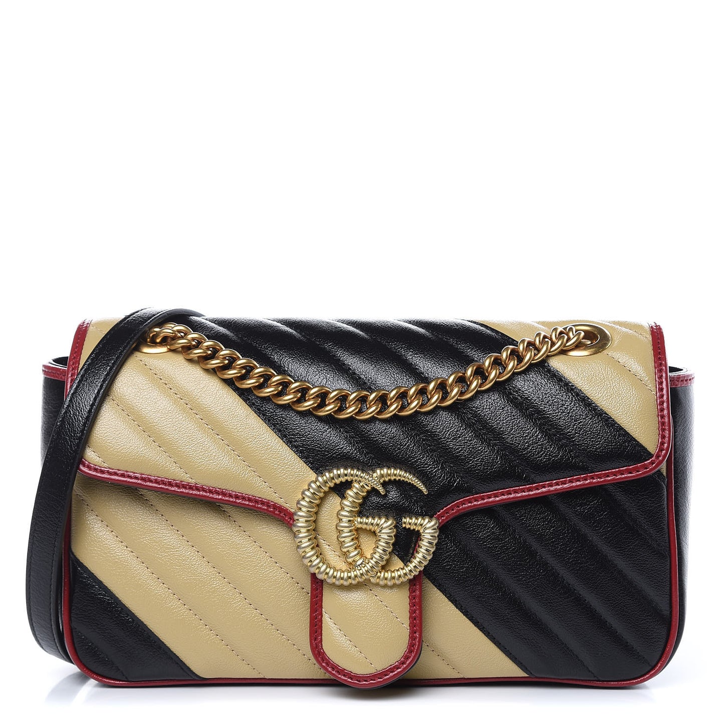Vintage Effect Calfskin Matelasse Diagonal Striped Small Torchon GG Marmont Shoulder Bag Black Beige