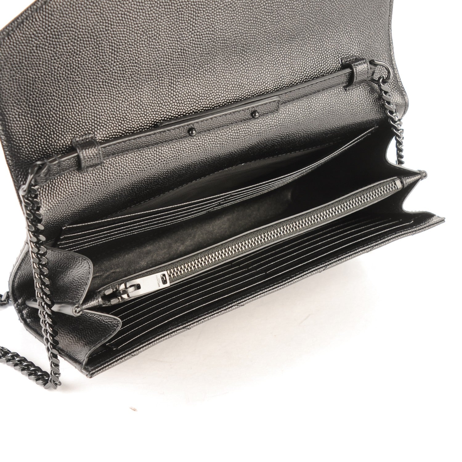 Saint Laurent Grain De Poudre Matelasse Chevron Monogram Chain Wallet Black 5 of 8