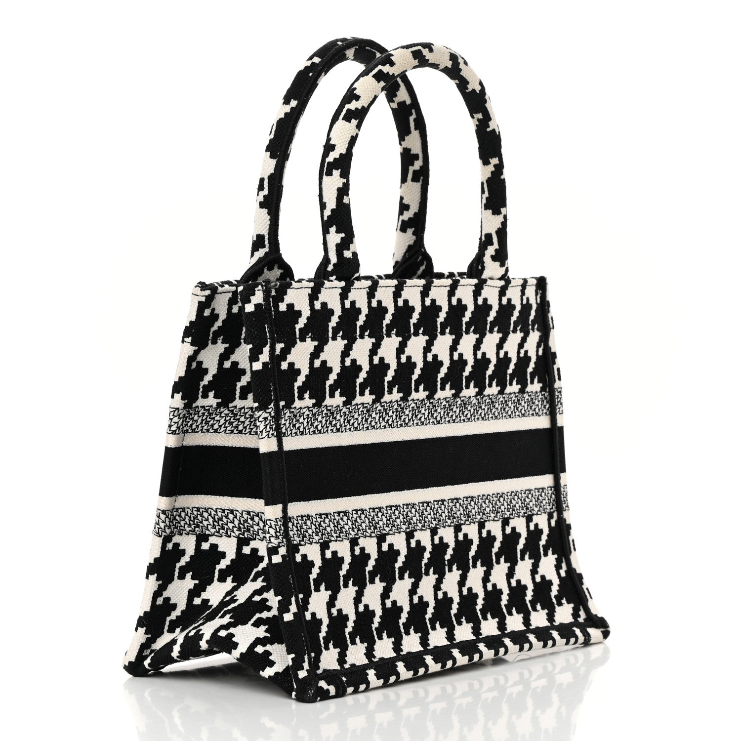 Christian Dior Canvas Houndstooth Embroidered Small Book Tote Black White 3 of 13
