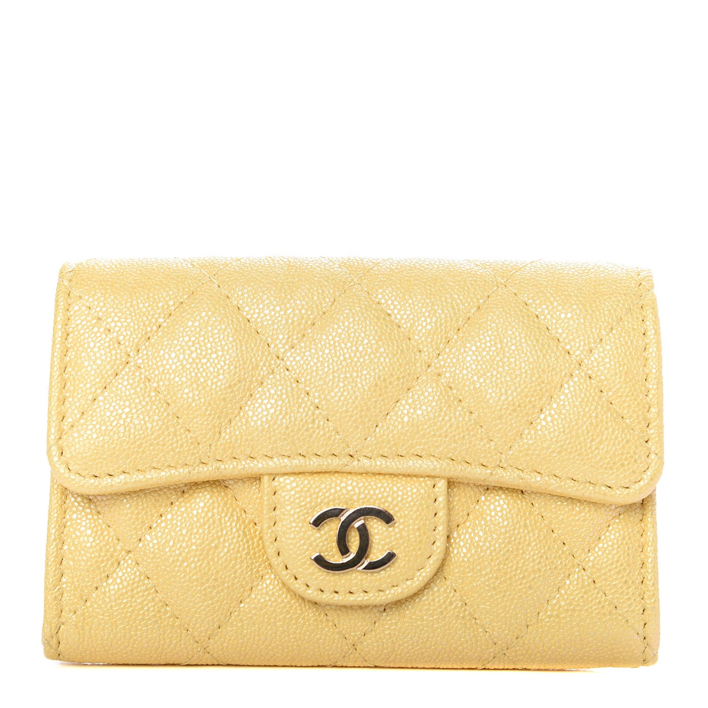 Iridescent Caviar Quilted Flap Card Holder Yellow