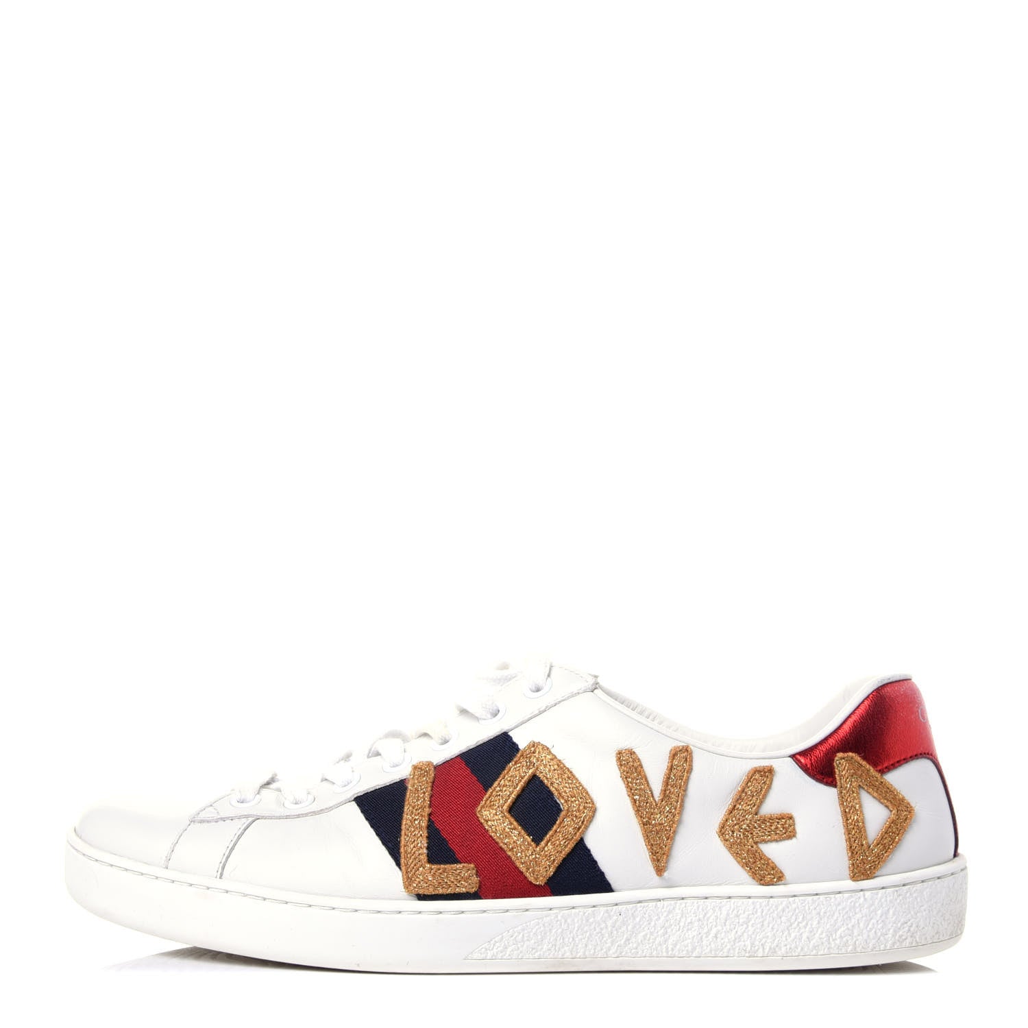 Gucci Calfskin Nappa Web LOVED Embroidered Womens Ace Sneakers 38 White Red Flame Notte 1 of 13