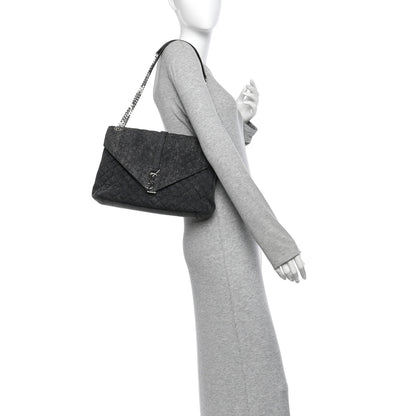 Saint Laurent Denim Mixed Matelasse Triquilt Large Monogram Envelope Satchel Black 2 of 13