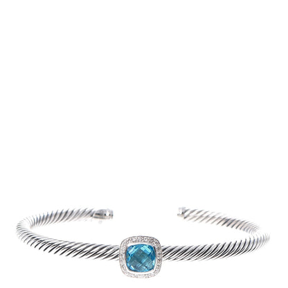 David Yurman Sterling Silver Diamond Blue Topaz 4mm Cable Cuff 1 of 5