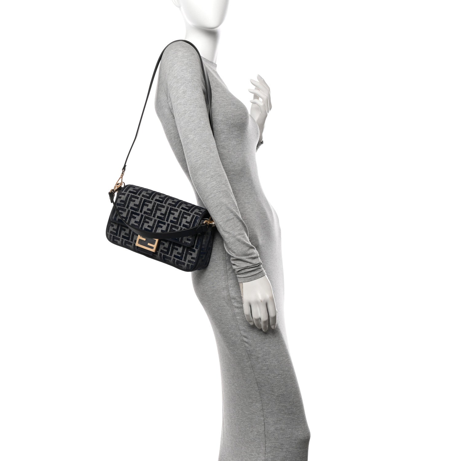 Fendi Chenille FF Embroidered Baguette Dark Blue Grey 2 of 9