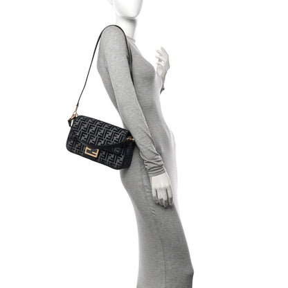 Fendi Chenille FF Embroidered Baguette Dark Blue Grey 2 of 9