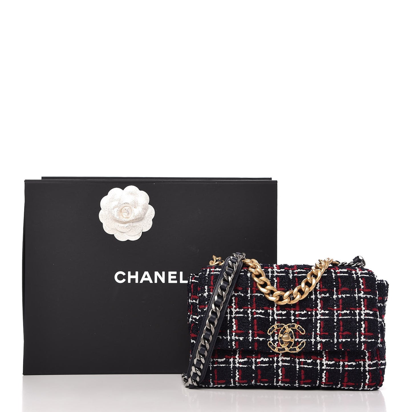 Tweed Quilted Medium Chanel 19 Flap Navy Blue White Red