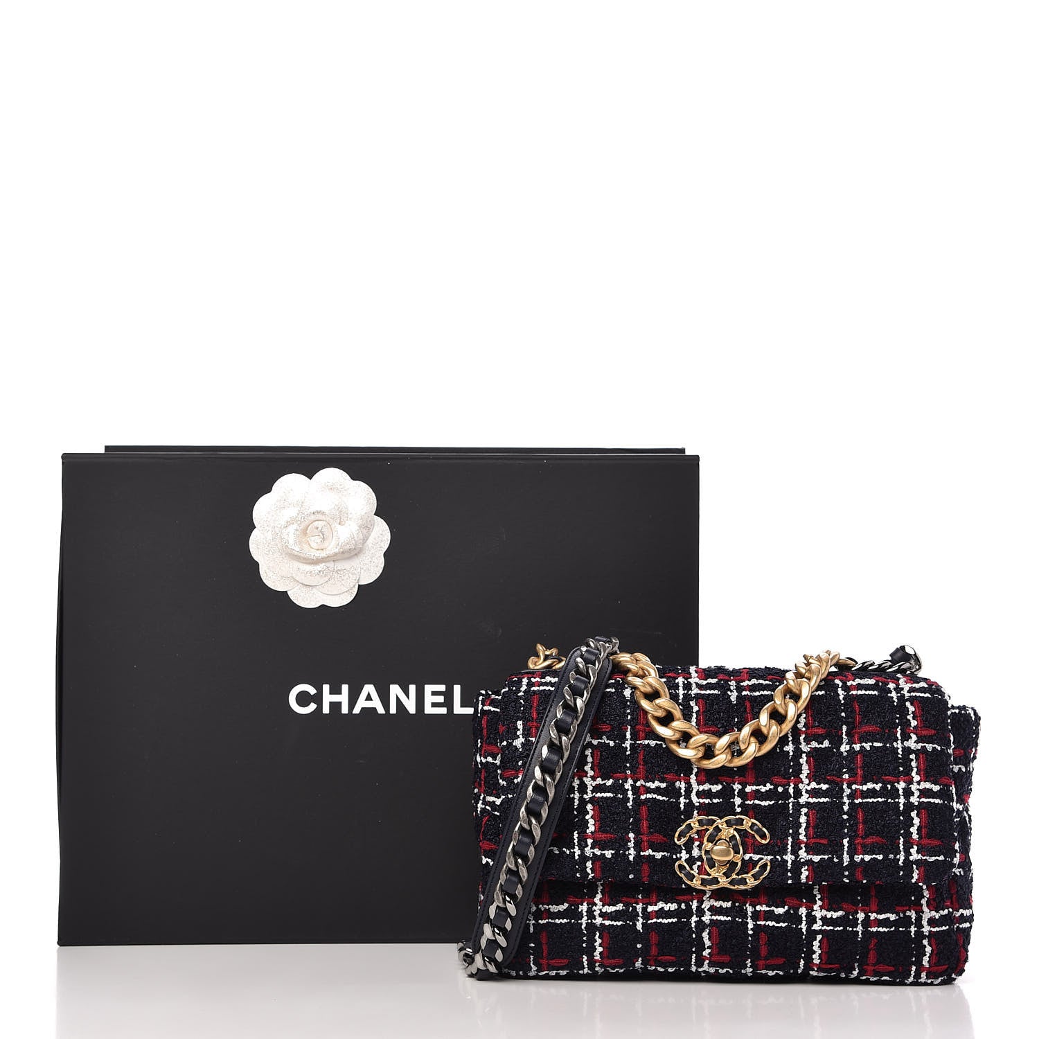 Chanel Tweed Quilted Medium Chanel 19 Flap Navy Blue White Red 11 of 11