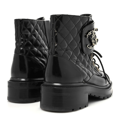 Chanel Shiny Goatskin Calfskin Quilted Lace Up Combat Boots 37 Black 3 of 9