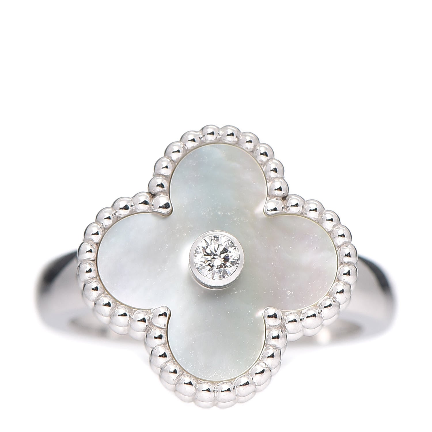 Van Cleef & Arpels 18K White Gold Diamond Mother of Pearl Vintage Alhambra Ring 50 5.25 1 of 7