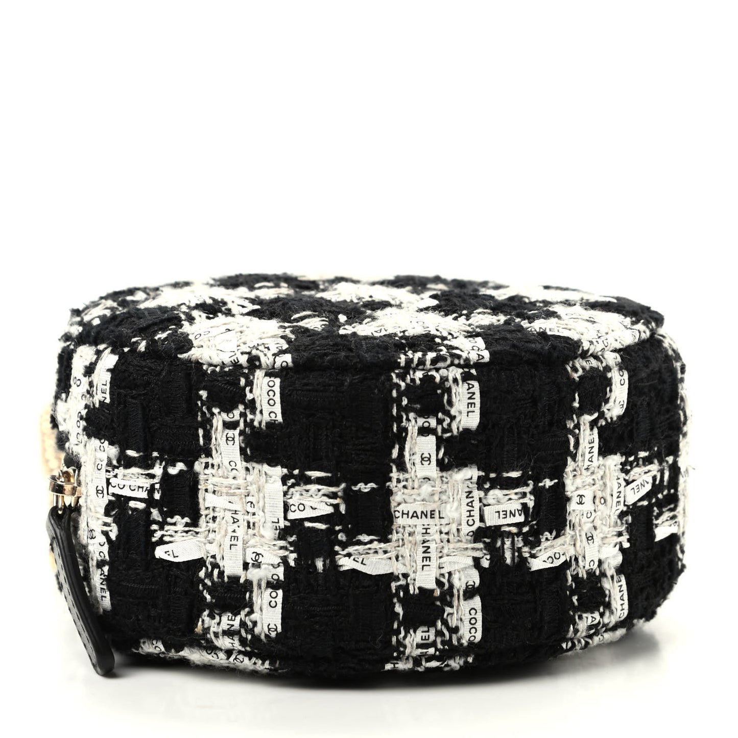 Tweed Quilted Round Clutch With Chain Black Ecru White