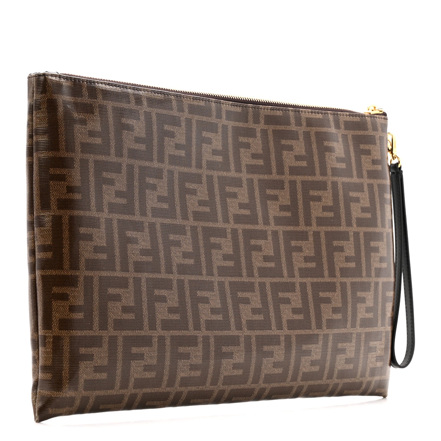 Fendi Glazed Fabric Vitello Century FF 1974 Stamp Patch Large Flat Pouch Mogano Panna Black 3 of 9