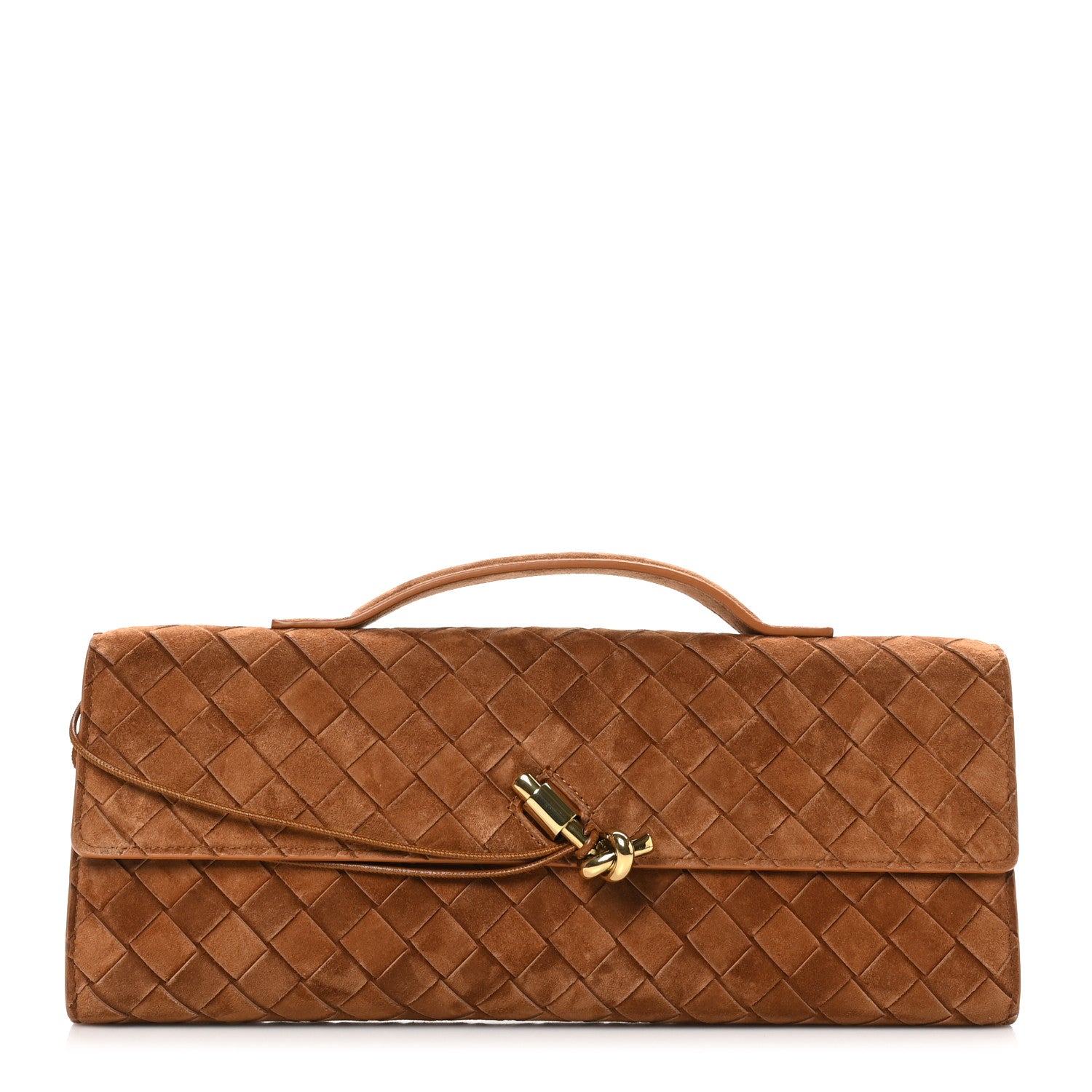 Bottega Veneta Suede Intrecciato Long Andiamo Top Handle Clutch Amber 1 of 8