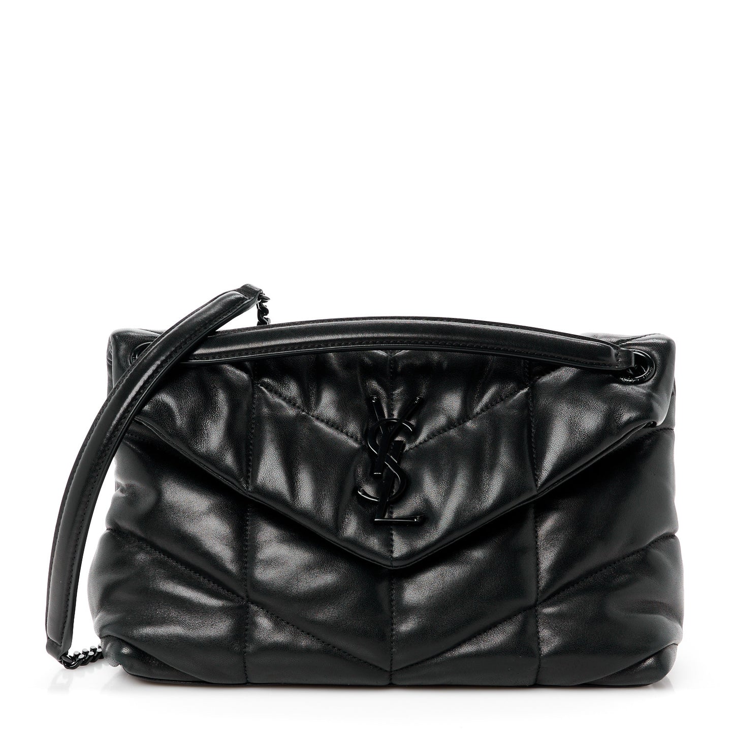 Lambskin Quilted Monogram Monochrome Small Loulou Puffer Chain Satchel Black
