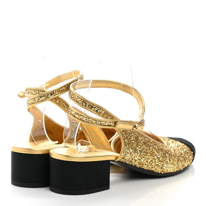 Chanel Glitter Grosgrain Cap Toe CC Ankle Wrap Pumps 39.5 Gold Black 4 of 8