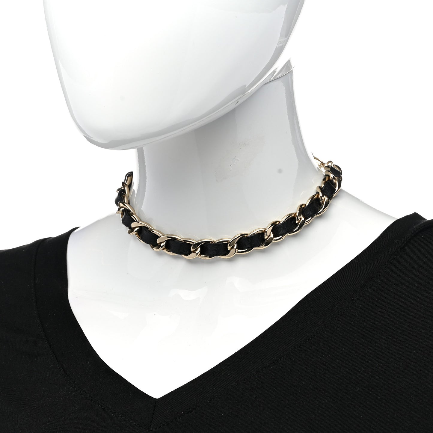 Metal Lambskin CC Chain Choker Necklace Black Gold