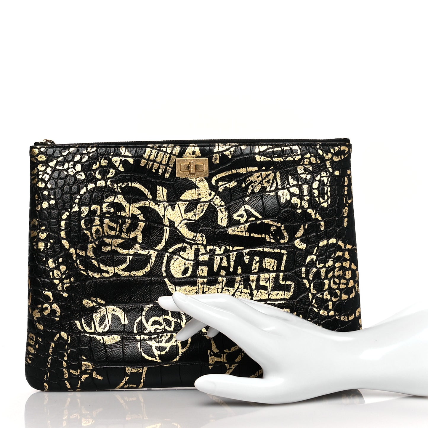 Calfskin Crocodile Embossed Graffiti 2.55 Medium Cocodile Reissue Cosmetic Case Black Gold
