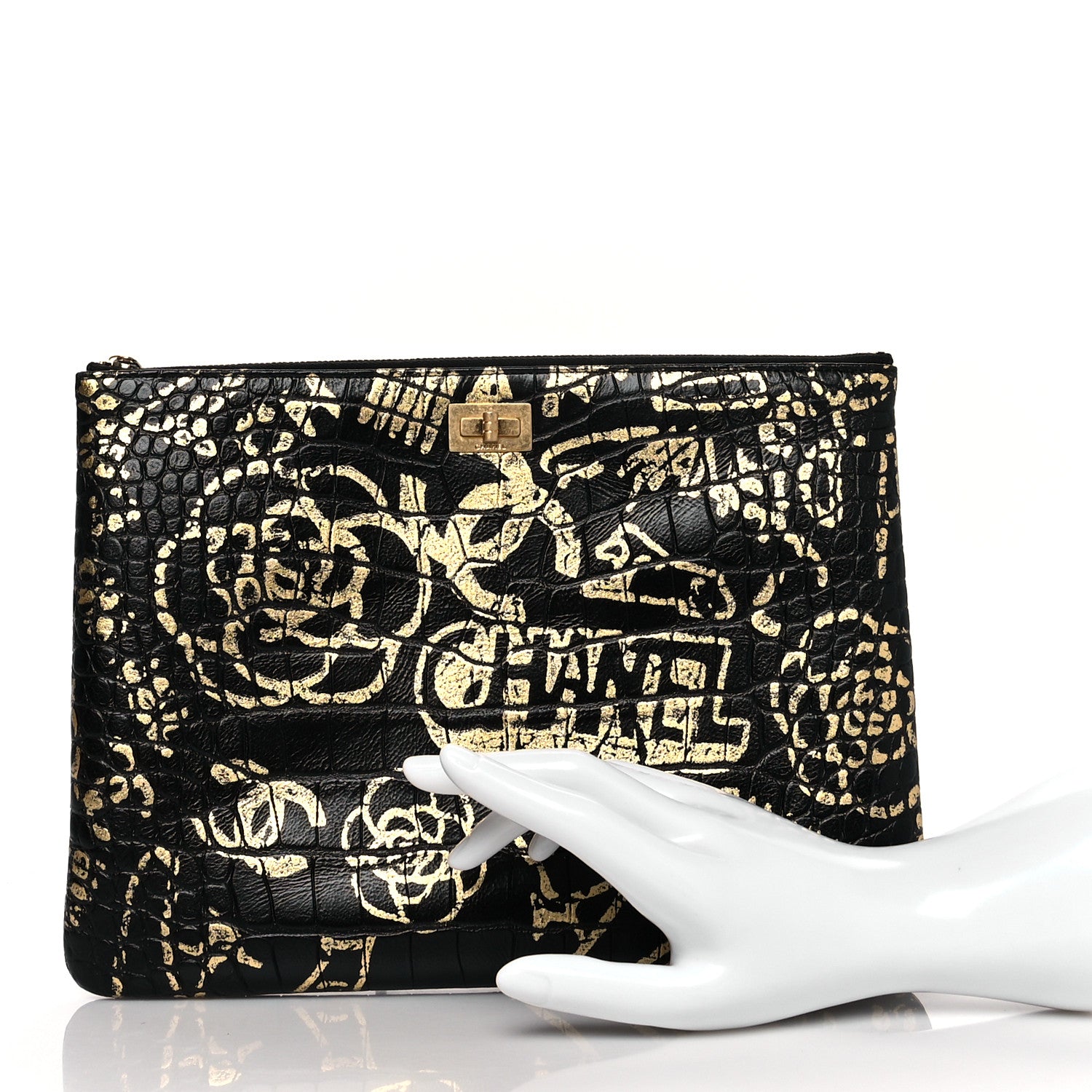 Chanel Calfskin Crocodile Embossed Graffiti 2.55 Medium Cocodile Reissue Cosmetic Case Black Gold 2 of 9