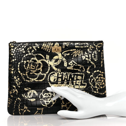 Chanel Calfskin Crocodile Embossed Graffiti 2.55 Medium Cocodile Reissue Cosmetic Case Black Gold 2 of 9