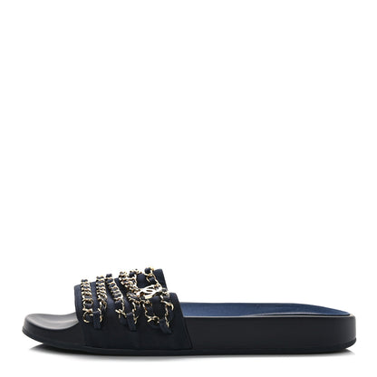 Chanel Satin Canvas Chain Slides Sandals Flats 41 Marine 1 of 8