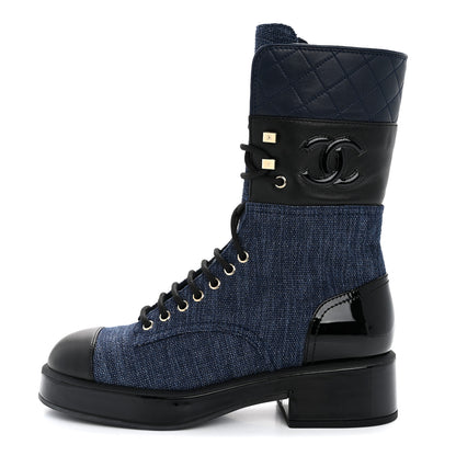 Chanel Denim Patent Lambskin Quilted CC Lace Up Combat Boots 38.5 Blue Black 1 of 9