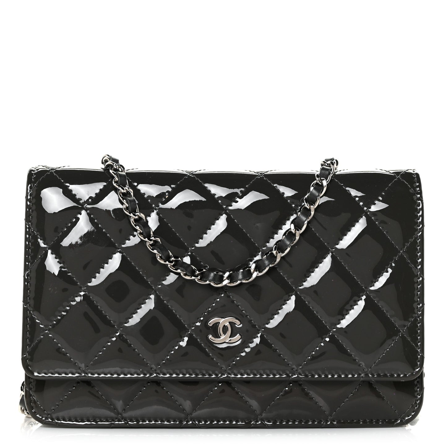 Patent Quilted Wallet On Chain WOC Dark Grey