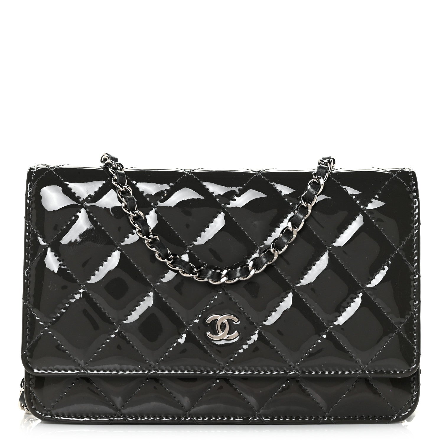 Chanel Patent Quilted Wallet On Chain WOC Dark Grey 1 of 13