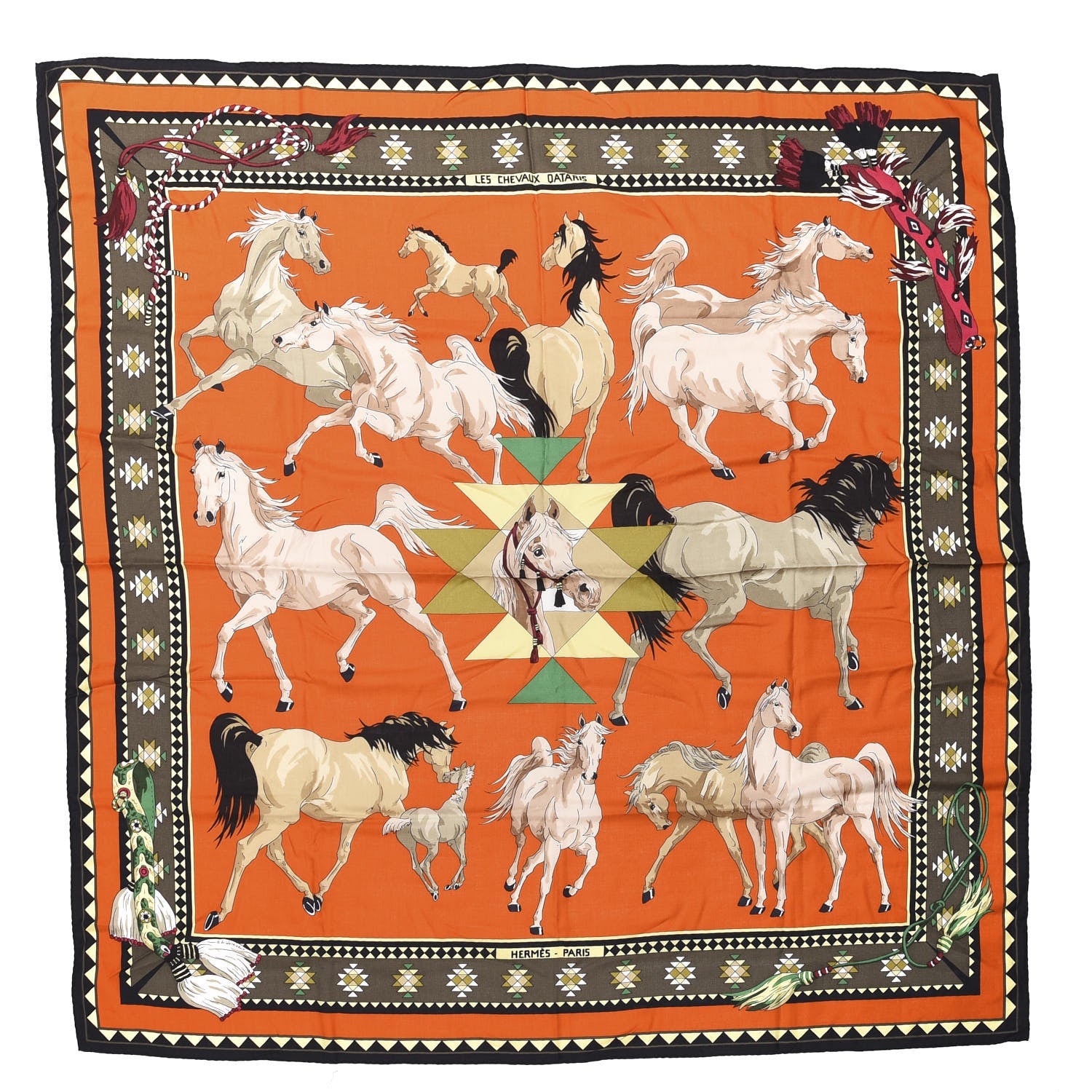 Hermes Cashmere Silk Les Chevaux Qataris Shawl 140 Rouille Black Kaki 1 of 4
