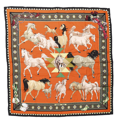 Hermes Cashmere Silk Les Chevaux Qataris Shawl 140 Rouille Black Kaki 1 of 4