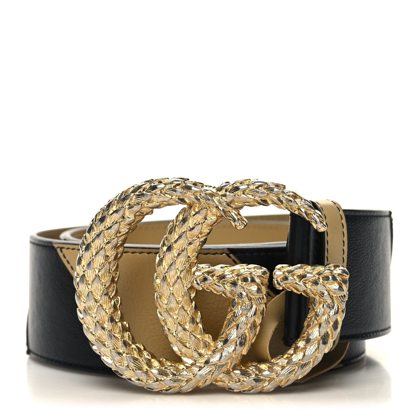 Calfskin Striped Textured Double G 50mm Belt 80 32 Black Beige