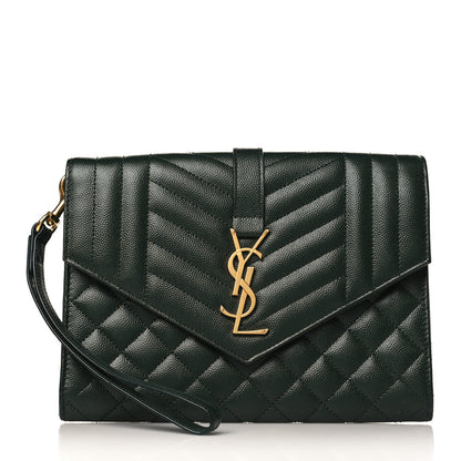 Saint Laurent Grain De Poudre Textured Mixed Matelasse Triquilt Monogram Clutch Vert Fonce 1 of 10