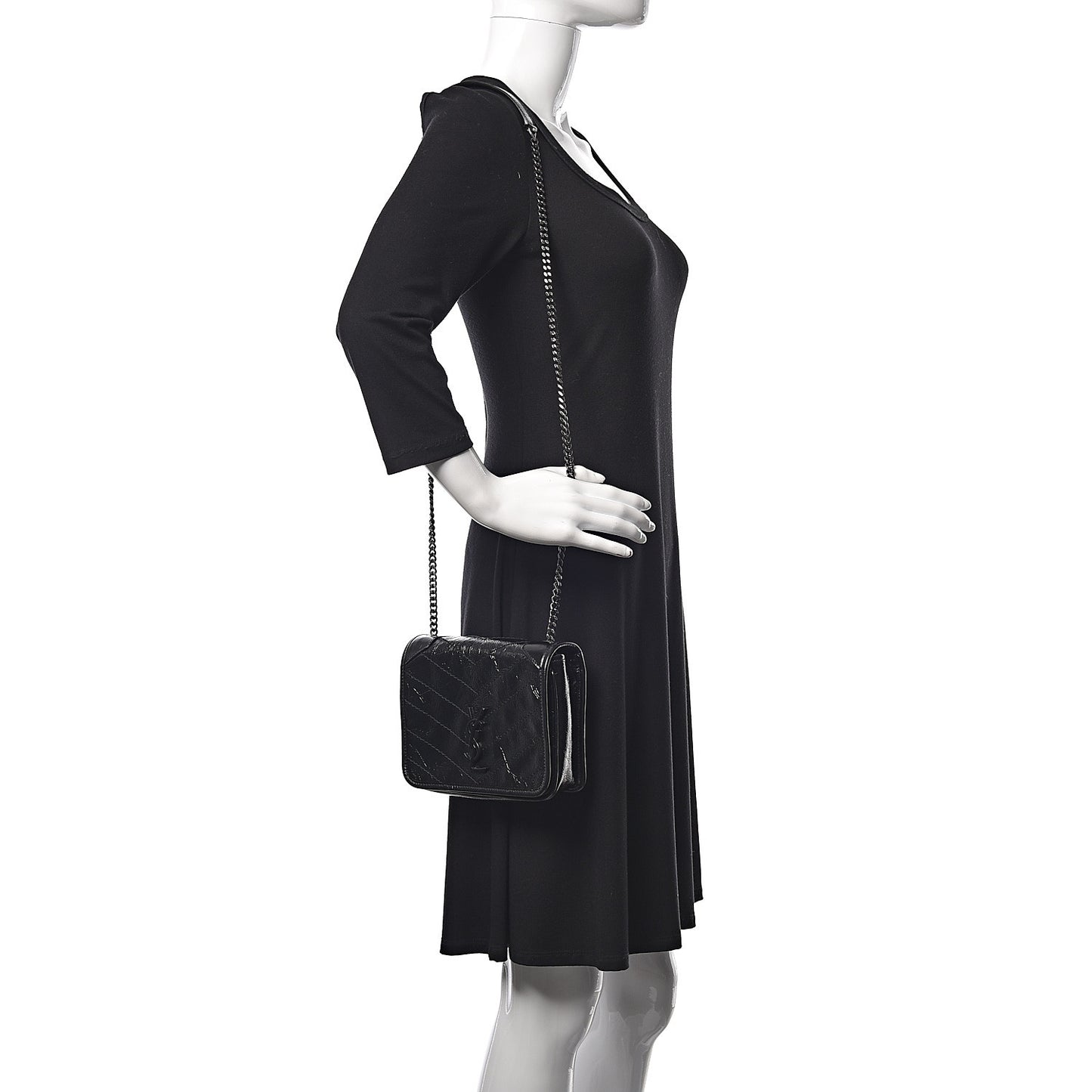 Crinkled Calfskin Matelasse Monogram Niki Chain Wallet Black