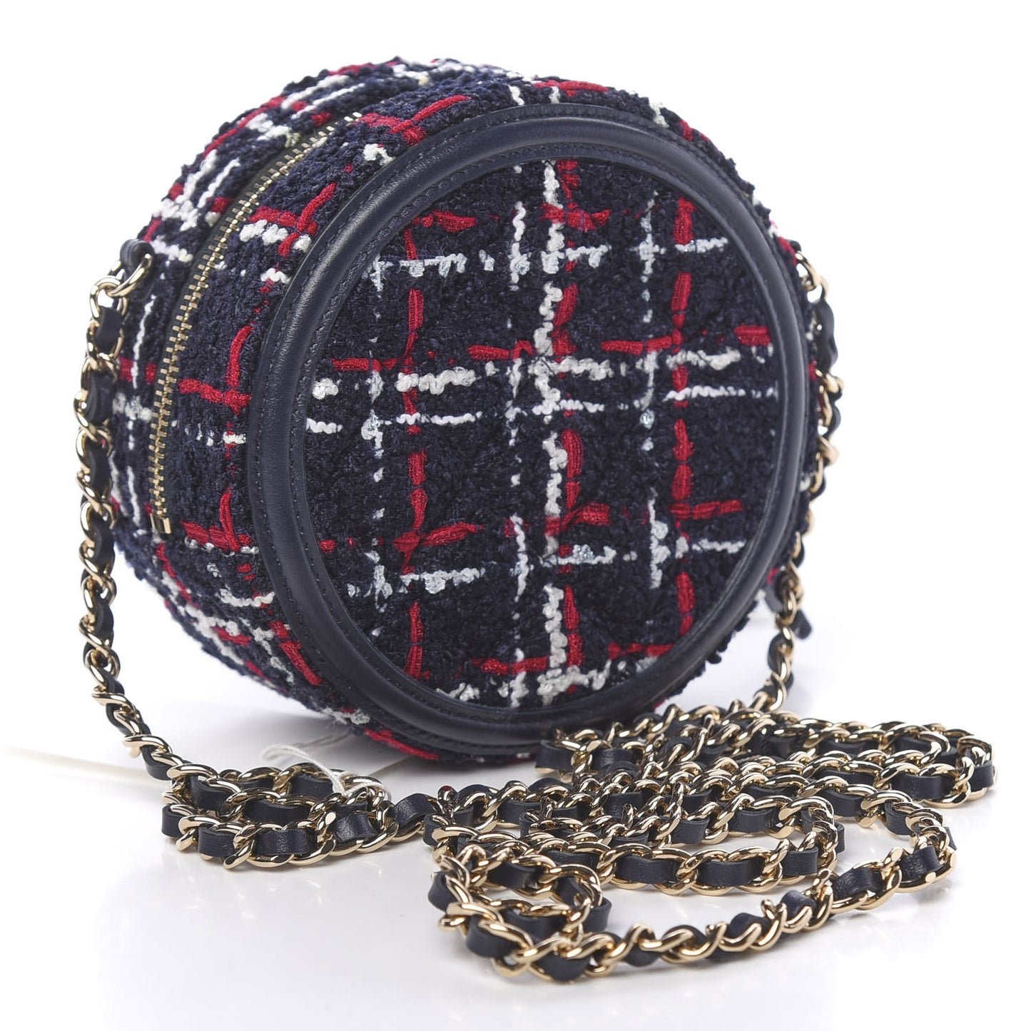Tweed Quilted Round Filigree Clutch With Chain Navy Blue