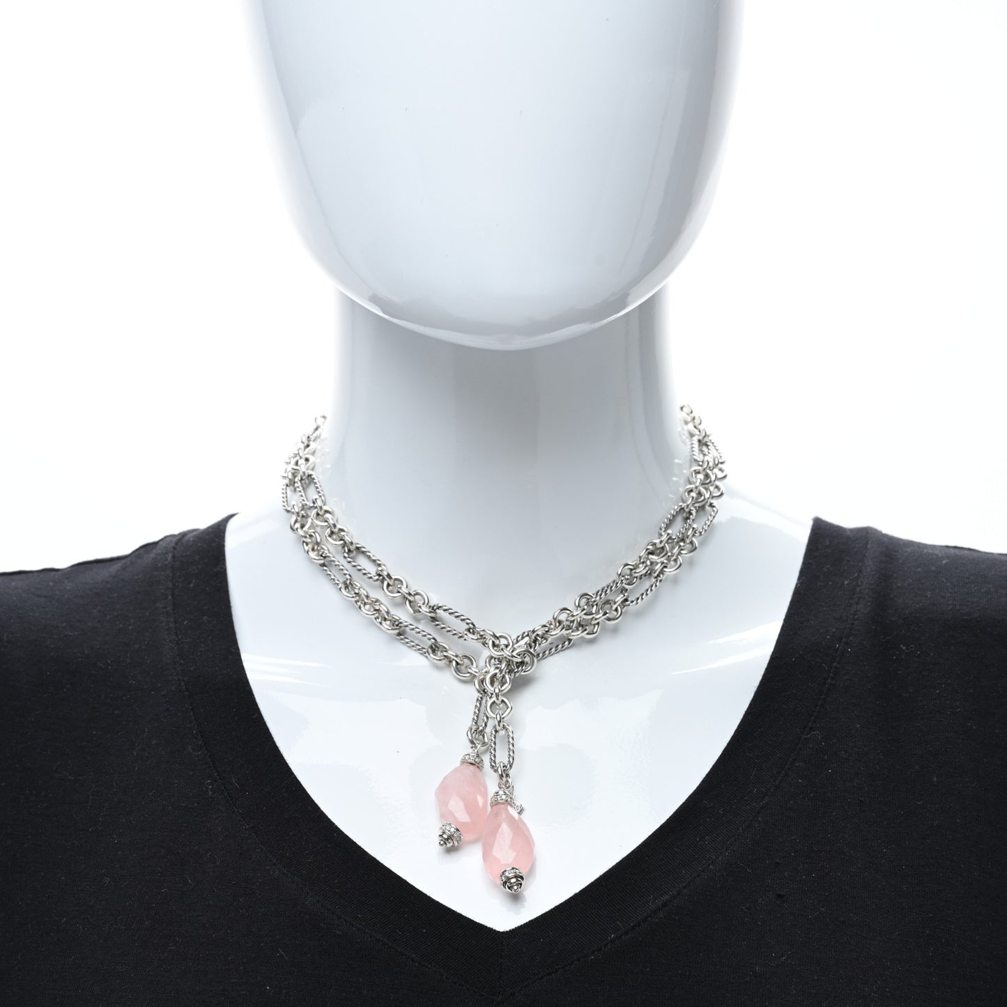 Sterling Silver Diamond Rose Quartz Figaro Lariat Necklace