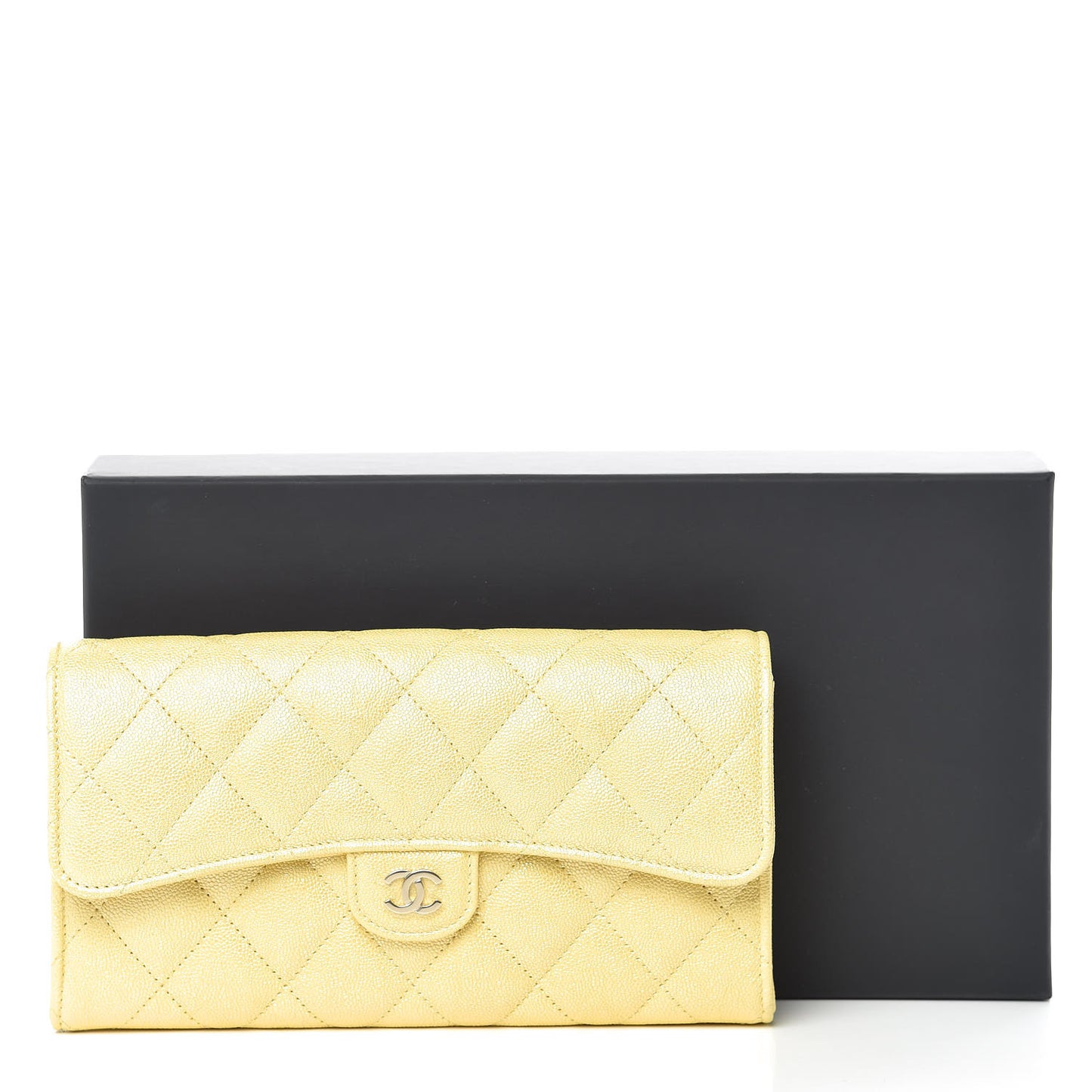 Iridescent Caviar Quilted Long Gusset Flap Wallet Yellow
