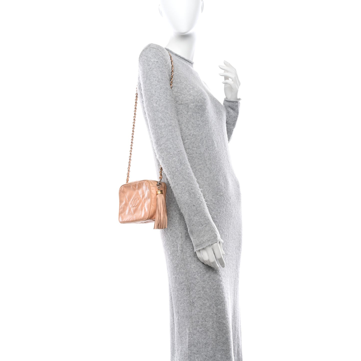 Lizard Quilted Tassel Camera Case Light Beige