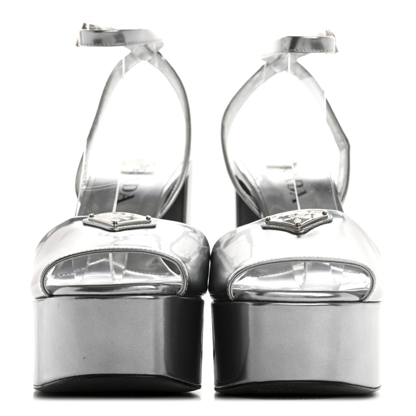 Metallic Calfskin Metal Triangle Logo Ankle Strap 40/115mm Platform Sandals 38 Silver