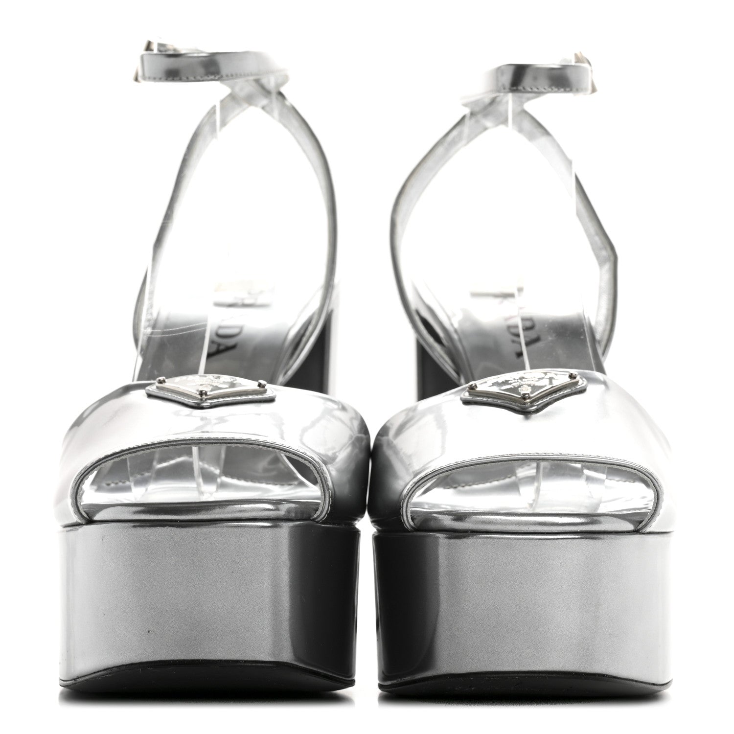 Prada Metallic Calfskin Metal Triangle Logo Ankle Strap 40/115mm Platform Sandals 38 Silver 3 of 11