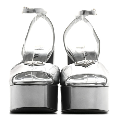 Prada Metallic Calfskin Metal Triangle Logo Ankle Strap 40/115mm Platform Sandals 38 Silver 3 of 11