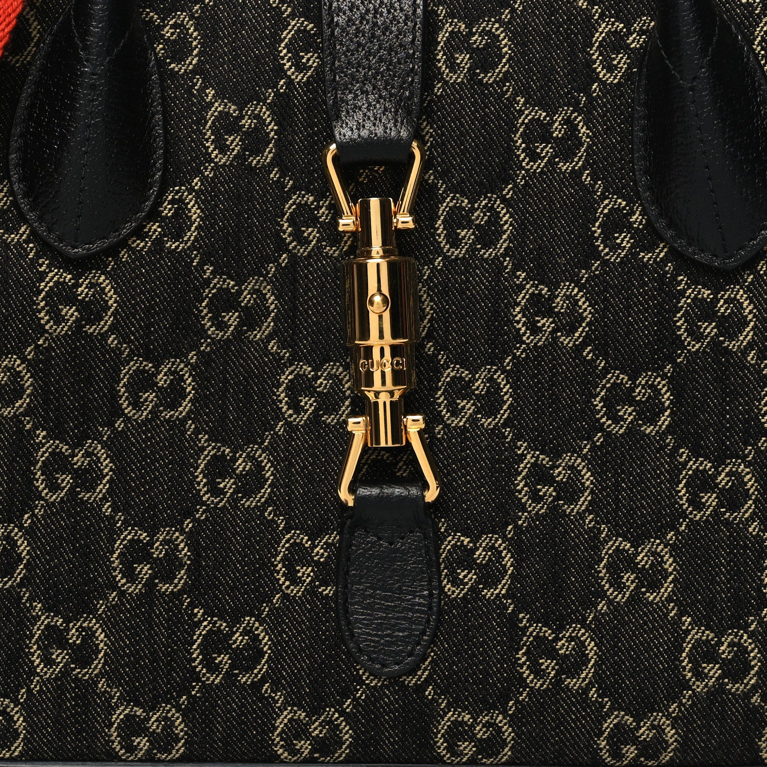 Gucci Jacquard Black Denim GG Monogram Textured Dollar Calfskin Medium Jackie 1961 Tote Black Ivory 8 of 10