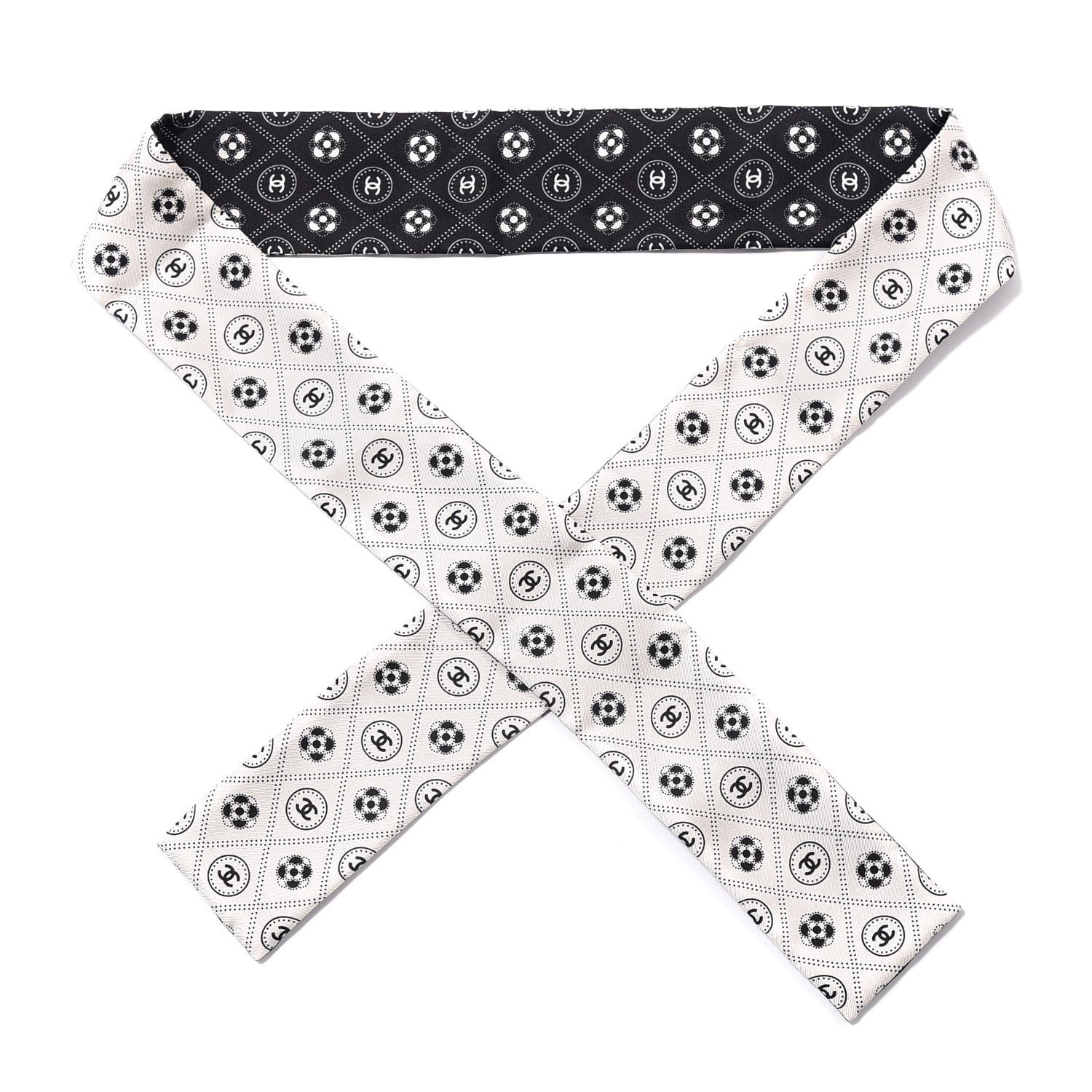 Chanel Silk CC Polka Dot Slim Bandeau Scarf Black White 1 of 3