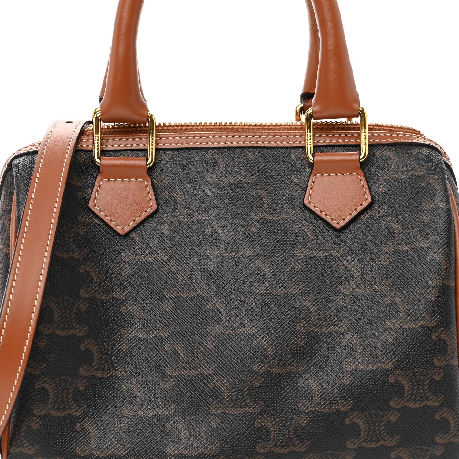 Celine Triomphe Canvas Calfskin Small Boston Bag Tan 7 of 9