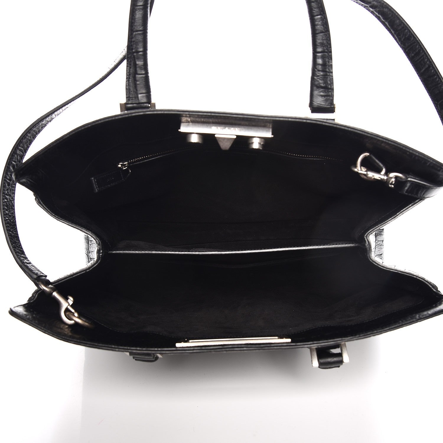 Saint Laurent Calfskin Crocodile Embossed Medium Trois Class Tote Black 6 of 13
