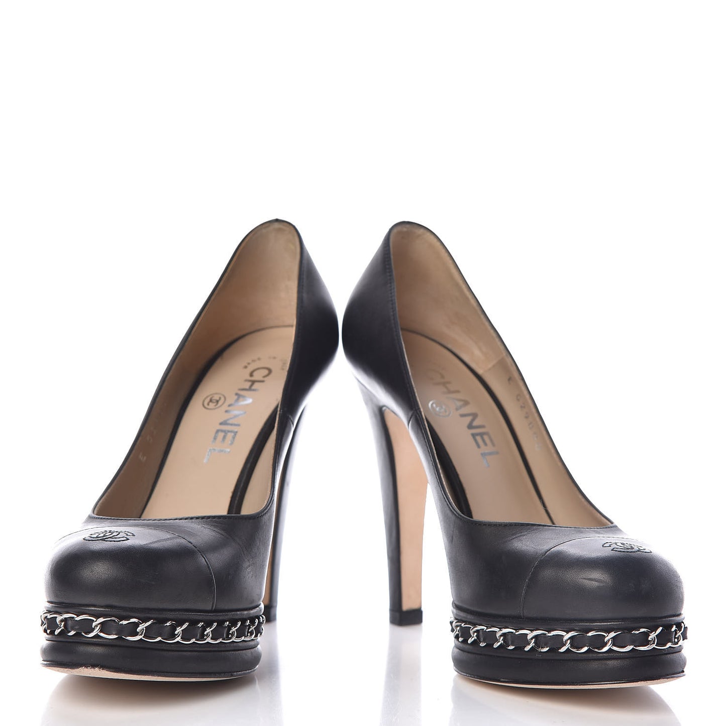 Lambskin CC Cap Toe Platform Chain Pumps 35.5 Black
