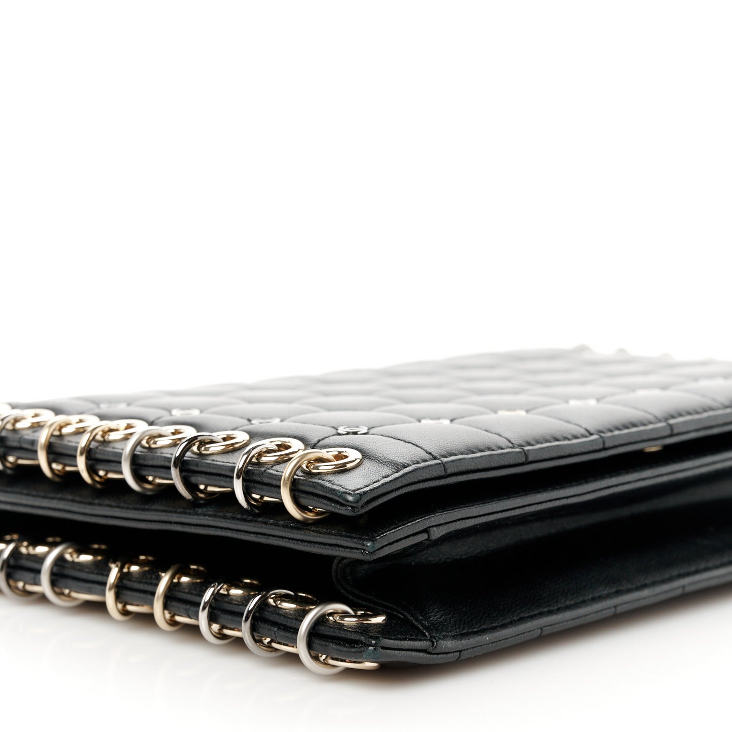 Lambskin Chocolate Bar Piercing CC Studded Small Chain Flap Bag Black