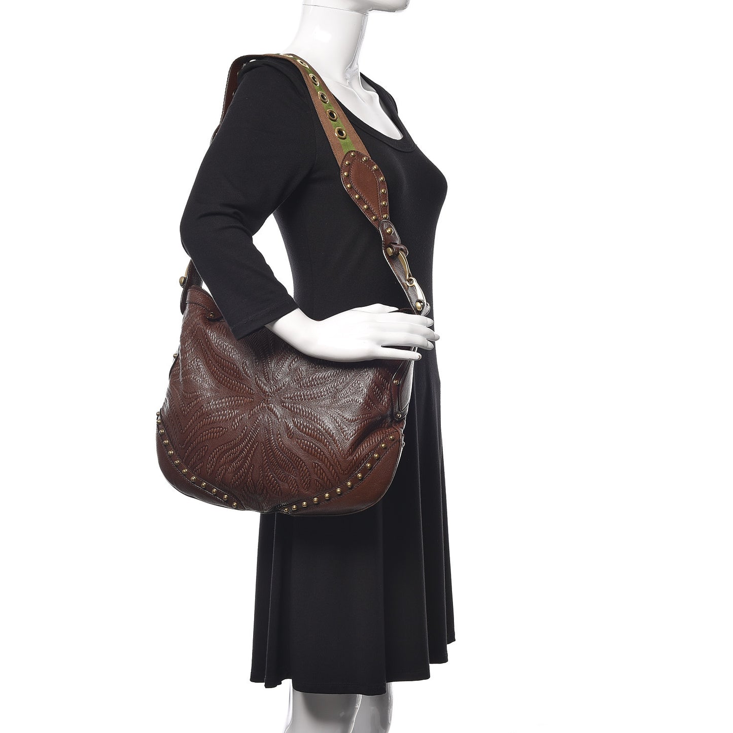 Calfskin Embossed Studded Pelham Messenger Bag Dark Brown