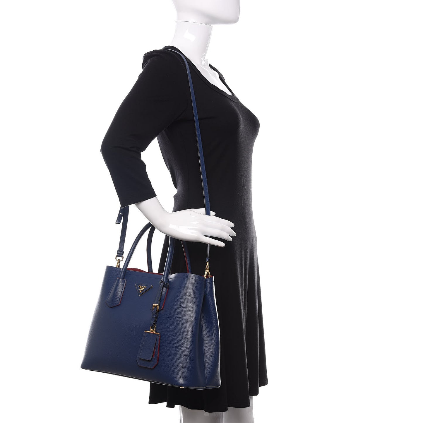 Saffiano Cuir Small Double Bag Ink Blue Fire Engine Red