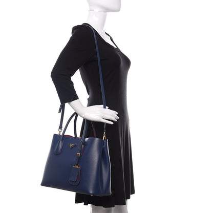 Prada Saffiano Cuir Small Double Bag Ink Blue Fire Engine Red 2 of 9