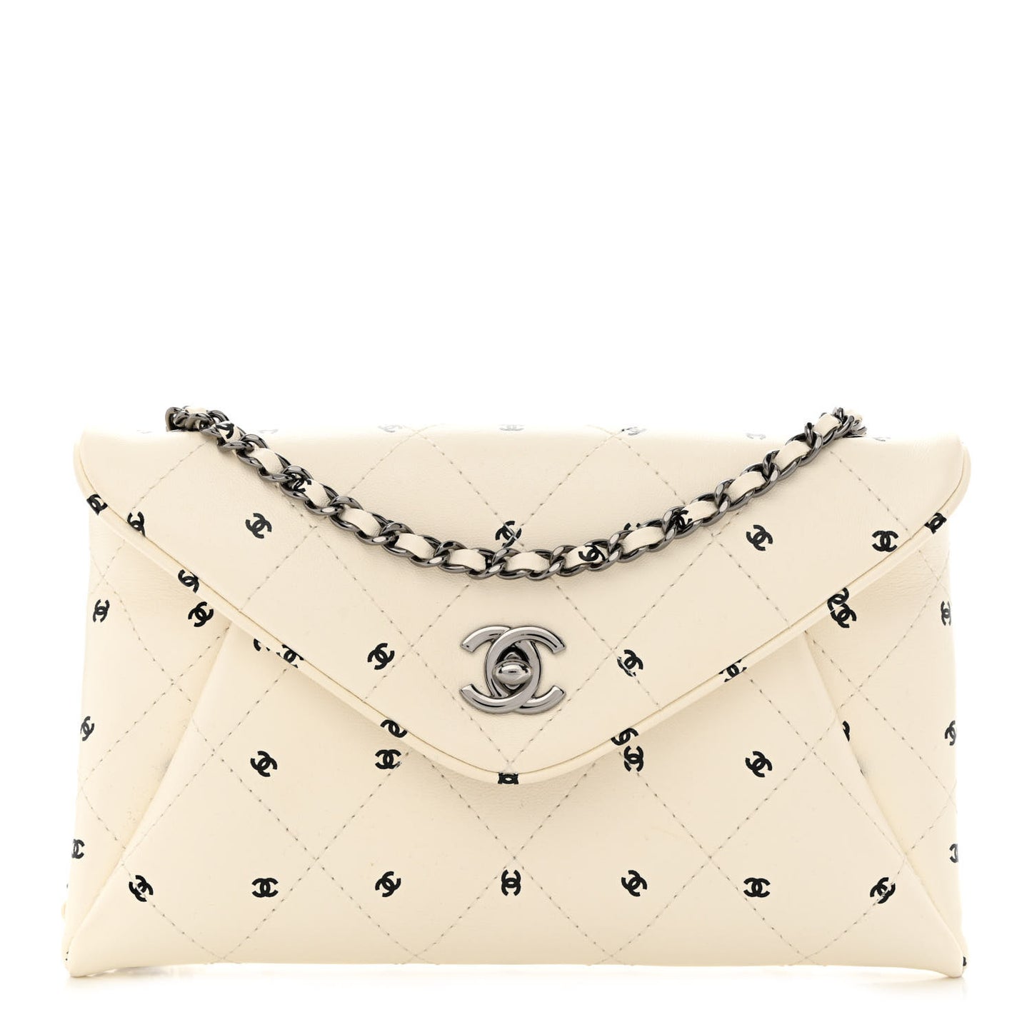 Printed Lambskin Logo CC Envelope Clutch With Chain White